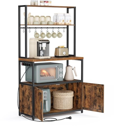 VASAGLE Estantería de Cocina con Enchufes, Altura de 90 cm, Estantería para Microondas con 8 Ganchos, 40 x 80 x 170 cm, Marrón Rústico y Negro Tinta KKS059KD02
