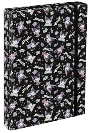 Baagl Boîte à classeurs pour cartable - Classeur A4 Jumbo pour enfants avec élastique et rabats intérieurs - Dossier de collection avec élastique pour fille (Kuromi Black)
