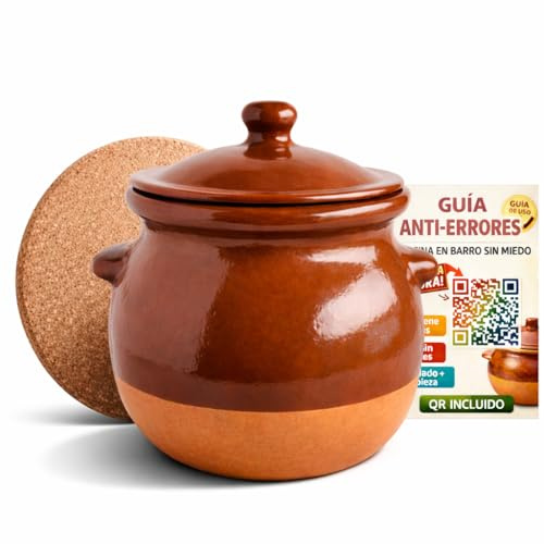 Olla de Barro Refractario Esmaltada 2,5 L con Tapa – Puchero Pequeño Tradicional – Incluye Base Protectora y Guía QR Anti-Errores – Cocina Lenta, Guisos y Caldos
