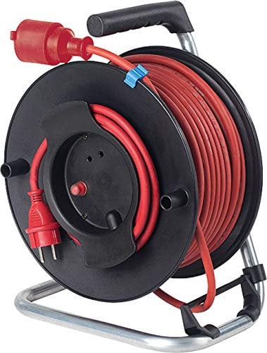 as - Schwabe Sicherheits-Gerätekabeltrommel 25m Kupplung mit Sicherheitsdeckel, 1,5m Anschlussleitung mit Schutzkontaktstecker, rot, 230V, 16A, max. 3500W, H07RN-F 3G1,5, Made in Germany, IP44, 12232