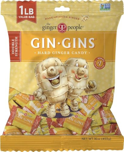 GIN GINS – Bonbons durs au gingembre – Double force – Élaboré avec du vrai gingembre – Emballés individuellement – The Ginger People – Sachet de 453 g