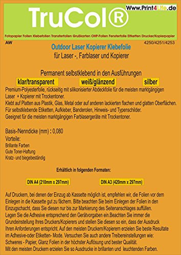 10 Blatt DIN A3 silber glänzende Polyester-Folie Klebefolie Druckerfolie, klebend, zum Bedrucken, Wetterfest, outdoor für Laserdrucker + Kopierer. Klebt auf Platten aus Plastik, Glas, Metall oder auf anderen lackierten flachen und glatten Oberflächen. Für selbstklebende Etiketten, Aufkleber, Banderolen, Hinweis- und Typenschilder.
