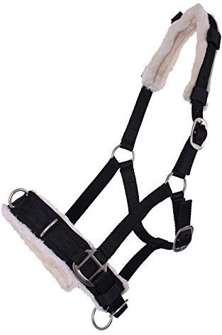 QHP Kappzaum / Halfter-Kombi Kunstfell Polsterung 3 Edelstahl D-Ringe (Warmblut, Schwarz)