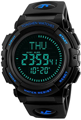 TONSHEN Herren LED Digital Uhr 50M Wasserdicht Outdoor Militär Tactical Sport Uhren Kompass Armbanduhr Plastik Lünette mit Silikon Band - Blau