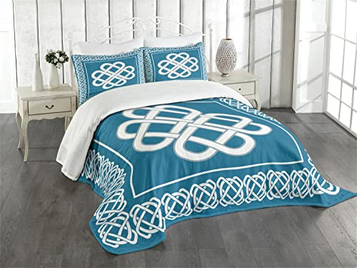 ABAKUHAUS irisch Tagesdecke Set, Celtic Liebes-Knoten-Symbol, Set mit Kissenbezug farbfester Digitaldruck, für Einzelbetten 170 x 220 cm, Dunkles Aqua White