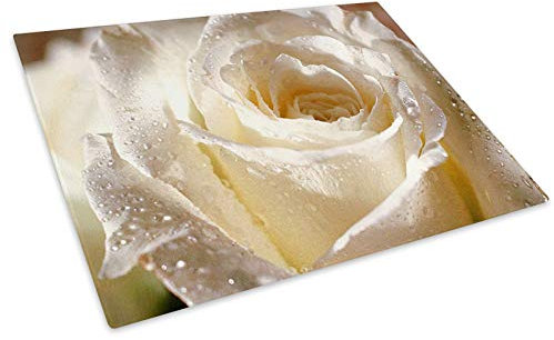 White Rose Rain Drops Glass Chopping Board Kitchen Worktop Saver Protector