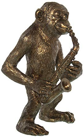 DRW Figur eines Musikaffen mit Saxophon aus Harz in Gold. Maße: 17,5 x 17 x 28,5 cm
