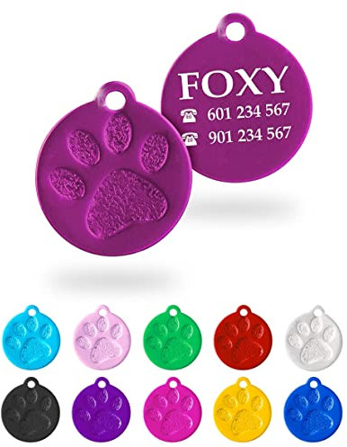Ibera Gifts - Chapa Perro Grabada en Forma Redonda con Huella, Placa Perro Personalizada para Perros y Gatos Pequeños a Medianos, Tamaño 26 x 23 mm, Chapa Identificativa Perro y Gato (Lila)