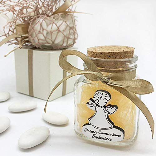 Grueso y ahorro 20 tarros de cristal para peladillas/especias con lazo y madera ángel con nombre grabado, detalles para bautizo, comunión, con caja Tiffany.