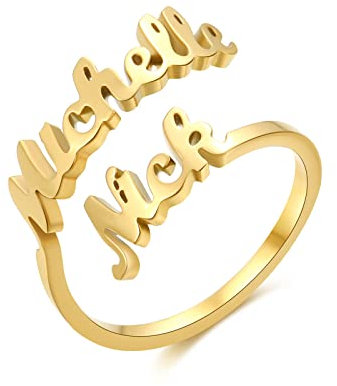 RWQIAN Personalisierter 2 Ring Damen Namen Ringe Herzen Schmuck Geschenk zum Geburtstag Jahrestag Valentinstag Verstellbar Gold