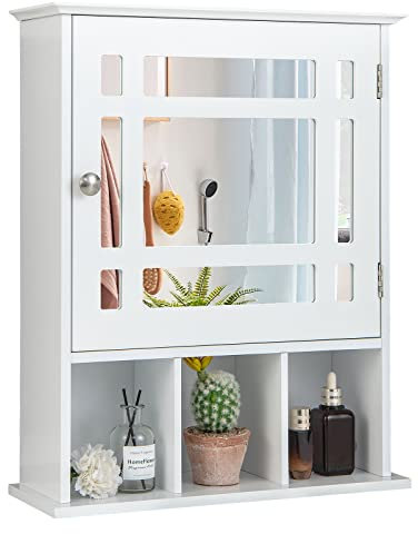 COSTWAY Mirror Door Cabinet, Wall Mounted Display Shelving Unit with Adjustable Shelf and 3 Compartments, Home Office Living Room Bathroom Organiser Storage Cupboard (White)