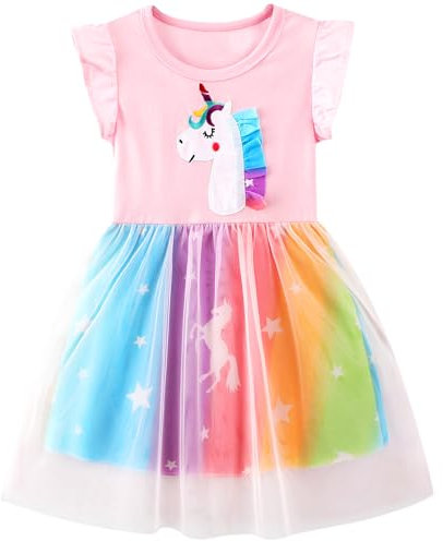 FILOWA Robes Filles sans Manches Licorne Tulle Paillettes Broderie Coton Casual Eté Party Princesse Robe Enfants Fille 5-6 Ans,Rose
