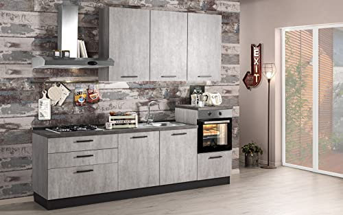 Dafne Italian Design Cocina completa con electrodomésticos (horno, fregadero, campana de cocina) estilo industrial - cm. 270 x 60 x 240 - beton gris - horno a la derecha
