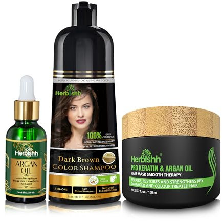 Herbishh After Color Shampoo Combo enthält Haarfarbe Shampoo Haarfarbe 500 ml Arganöl 30 ml Pro Keratin und Argan Haarmaske 100 g für Haarglättung, Glanz und Schutz (Dark Brown)