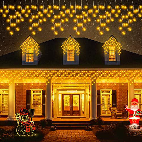 Etopgo Eisregen Lichterkette Außen,15M 480 LED Eiszapfen lichterkette außen Warmweiß Strom Timer, 8 Modi Weihnachtsbeleuchtung Lichtervorhang Aussen für Außen Dach, Garten,Fenster,Zaun Deko