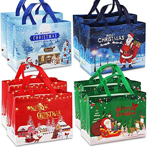 Volsha 8 Pack Christmas Tote Bags, Reusable Grocery Tote Bags with Handle, Gift Present Bags for Holiday Xmas Event Party