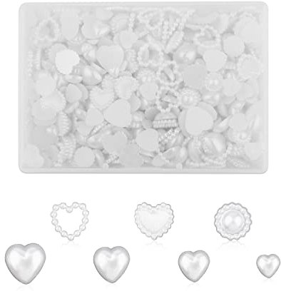 500pcs Love Heart Nail Charms for Acrylic Nails, White Flat Pearl Nail Art Charms Pearl 3D Heart Sun Flower Pearls Nail Charms for DIY Crafts Creative Manicure Accessories