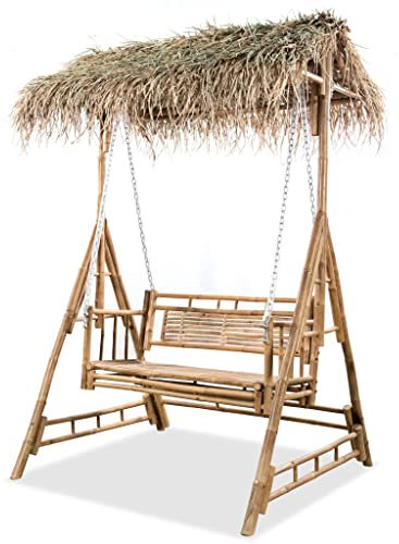 2-Sitzer-Schaukelbank mit Palmblättern, Chusui Hollywoodschaukel, Gartenstühle, Bambus 202 cm