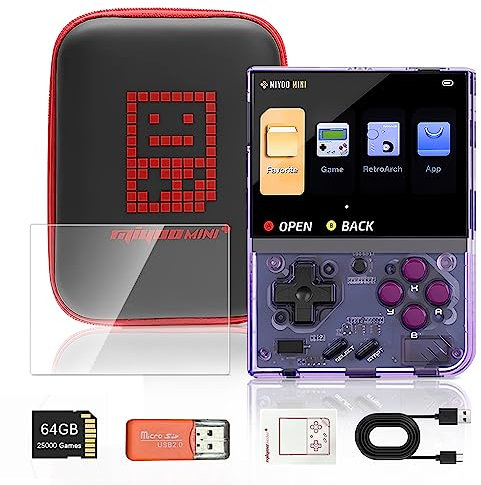 S_way Miyoo Mini Plus, Handheld Game Console with 64G TF Card 25000+Games, 3.5 Inch IPS Screen, Support WiFi, Portable Game Console with Open Source System, Game Console Emulator, Clear Purple/64g