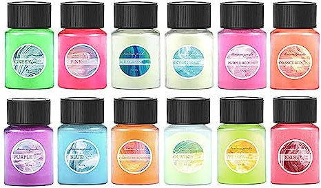 12 Stück leuchtendes Pigmentpulver, Glimmerpulver, Perlglanz-Farbflocken, Epoxidharz, Nägel, sicher, langlebig, selbstleuchtender Farbstoff für DIY Nail Art Rocks und Mottoparty, Original-Set