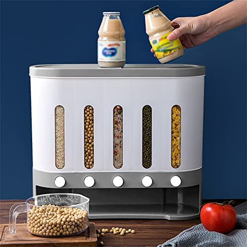 KenSyuInt 5 Grid Cereal Dispenser Wall Mounted Rice Grain Dry Food Container Kitchen Household Storage Case Box 10L