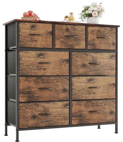 CAIYUN Chest of Drawers,Dresser for Bedroom with 9 Drawers,Fabric Dresser with Wood Top and Large Storage Space, Easy to Assemble, for Bedroom, Living room, Rustic Brown