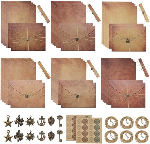 68 Stück Briefpapier Set Edel- 24 Altes Vintage Papier,12 Retro Briefumschläge,18 Hanfseilen, 2 Sheet Seal Stickers,12 Schlüsseln,Briefpapier mit Umschlag Braun A4 für Hochzeiten, Geburtstage