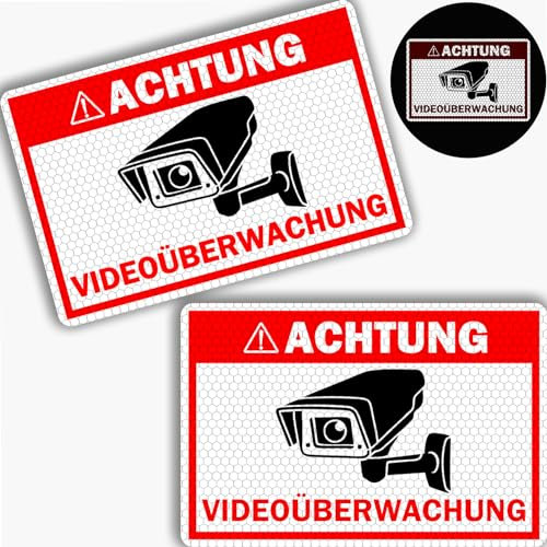 2er Set REFLEKTIEREND Achtung Videoüberwachung Schild (20x30 cm), Hinweisschild für Kameraüberwachung, Warnschild, Schild Videoüberwachung, Video Überwachungsschild