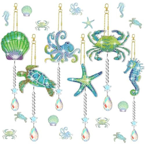 AUAUY 6 PCS Diamond Painting Kristall Sonnenfänger Windspiel Set, 5D Doppelseitige Diamond Painting Schlüsselanhänger Kristall Hängender Ornament für Mädchen 6-12 Jahre Spielzeug Geburtstags Geschenk