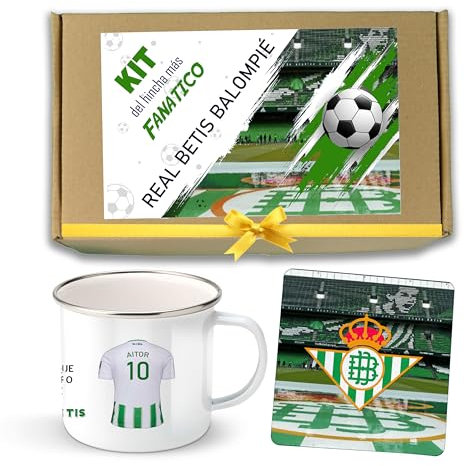 Caja de regalos del Betis personalizado con nombre, taza del Betis personalizada más un posavasos del Betis, pack de 2 regalos para fanático del Betis (Betis, pack x 2)