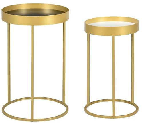 HOMCOM Couchtisch 2er Set Rund Beistelltisch mit erhöhtem Rand Kaffeetisch Sitztisch Wohnzimmertische im Retrodesign für Schlafzimmer Gold