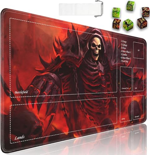 JVGFYNKL TCG Spielmatte, Spielmatte mit Zonen, 61 x 35,6 cm, rutschfestes Gummi für MTG-Spielmatte mit Kordelzug, Reisetasche und 6 Würfel, König der Skelette für MTG-Matte, Kartenspiel-Spielmatten