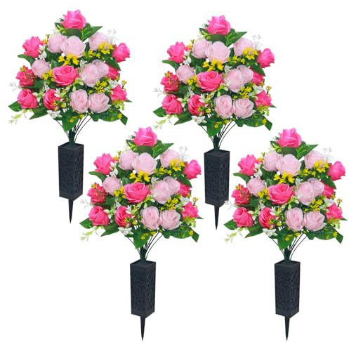 Lodou Künstliche Friedhofsblumen, Gedenkblumenstrauß mit Friedhofsvase, künstlicher Rosenstrauß, Friedhof, Gedenkblumen für Friedhof, Grabsteine, Dekoration (4, Puderrot), 4 Sets