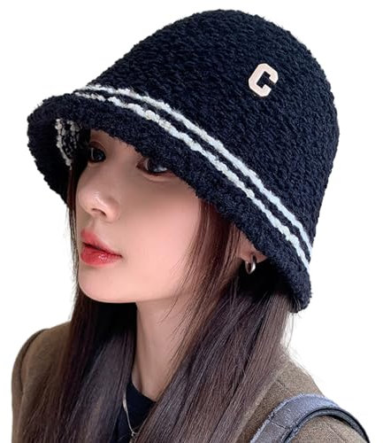 SHINROAD Winddichter Hut, warmer Fischerhut, Damen, Plüsch, Becken Hut, Herbst/Winter, gestreift, C-Buchstaben-Druck, Fischerhut, Outdoor, dick, warm, Fis, Schwarz , 54