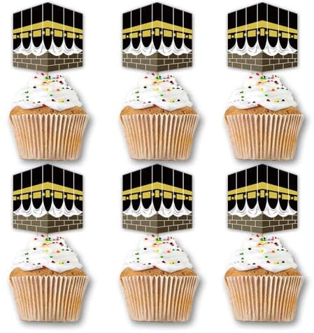 SWYOUN 48 Stück Hajj Mubarak Cupcake-Topper Umrah Mubarak, Partyzubehör, Ramadan, islamisch, muslimisch, Omra Mubarak, Party-Dekorationen (gelb/schwarz)