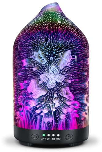 Essential Oil Diffuser Glass Aromatherapy Electric Scented Oil Aroma Diffusers Ultrasonic Waterless Auto Shut Off with 7-Color LED Lights for Home Office Yoga SPA Gift 120ml-3D Butterfly
