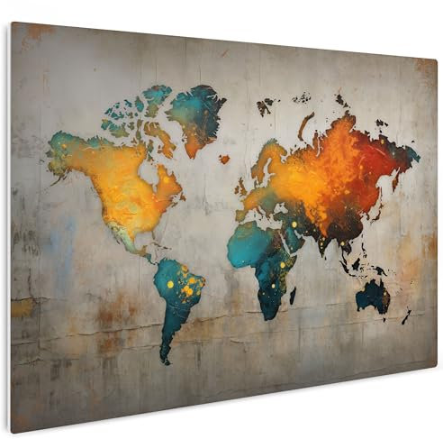 HEALANCY Bilder Weltkarte - KOMPLETT AUFHÄNGFERTIG - Wandbilder Wohnzimmer - Deko Modern - Schlafzimmer - Kunstdruck Wanddeko Küche - Landkarte Kontinent Bunt Karte