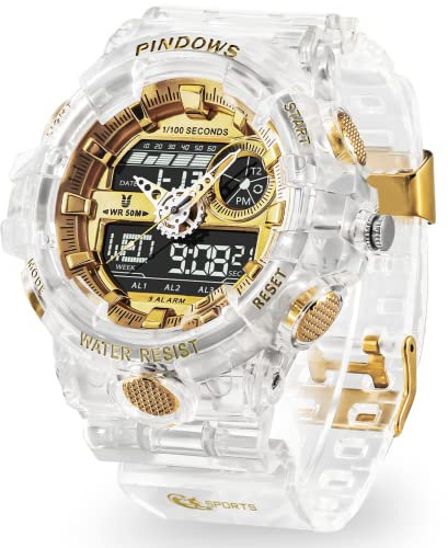 PINIDOUS Herren Uhren für Herren Digitale Sportuhr Gold Uhren wasserdichte Uhren mit 3 Alarmen/Countdown/Stoppuhr/Digital-Analog/Doppelzeit/Licht/Militär Multifunktions-Armbanduhr