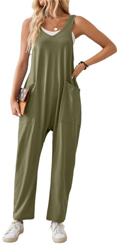 SotRong Jumpsuits for Women Casual Summer Hot Shot Onesie Rompers Sleeveless Loose Strap Baggy Overalls with Pockets Army Green S