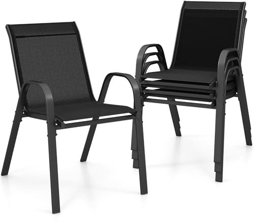 GIANTEX Gartenstühle Stapelbar 4er Set, Stapelstühle aus Textilene & Metall, Gartenstuhl Hochlehner mit Armlehnen, Balkonstuhl 150 kg belastbar, Terrassenstühle 56x70x84 cm (Anthrazit, 4 Stück)
