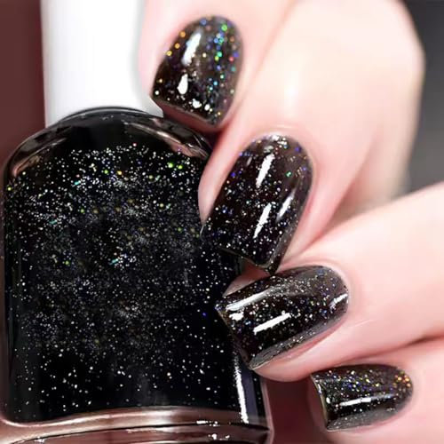 Glitter Nail Varnish, Quick Dry & Long Lasting - Nude Nail Polish No UV Lamp Curing, Chip Resistant, Non-Toxic, Quick Drying - At Home & Salon Manicure (10ml Black)