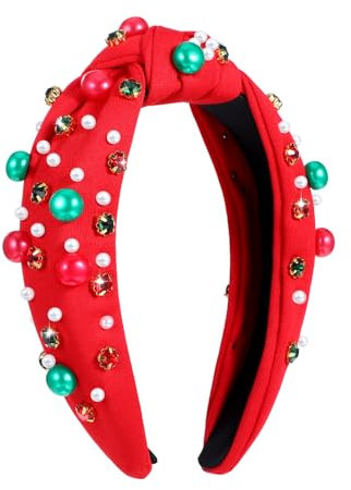Weihnachten Strass Stirnband, Perle Kristalle Breites Haar-Accessoire Schleife Vintage Stirnbänder Geknotetes Haarband Weihnachts Kostüm Haarschmuck für Frauen Mädchen Damen(Red)