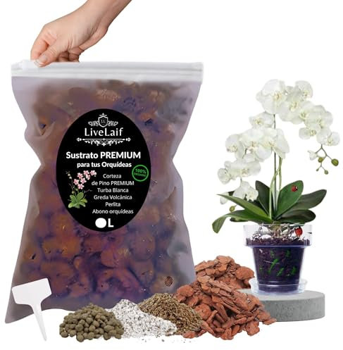 LiveLaif®-Sustrato orquideas Premiun con Corteza de Pino, Chips de Coco, Turba, Arlita, Perlita, Vermiculita y Abono NPK de liberacion Lenta + Malla, Etiqueta y Trampa para Mosquitos (Sustrato 1 L)
