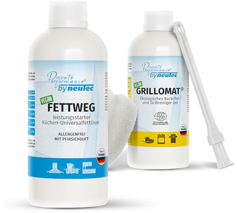 FETTWEG (Konzentrat) & GRILLOMAT | 2 x 500 ml + Schwamm + Pinsel im Set | nachhaltiger Fettlöser & Backofen- und Grillreiniger-Gel | Intensiv-Reiniger für Herd, Spüle, Backofen, Grill & Pfannen