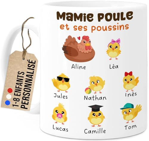 Cupdarling® Mug Mamie Personnalisé - 1-8 Petits-Enfants - Poule - Tasse Cadeau Grand-Mère - Fête Des Grand-Mères - Anniversaire - 330 mL Céramique - 7 Poussins