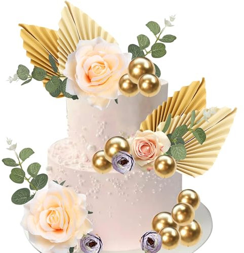 SYKYCTCY 25 Pack Cake Decorations Sets Paper Palm Fan Flower Cake Toppers Gold Ball Cake Picks for Baby Shower Kids Boys Girls Wedding Birthday Party Supplies