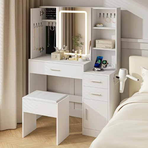 TUKAILAI Schminktisch mit Spiegel und LED-Beleuchtung Schminktisch mit Steckdose und Hocker, Frisiertisch mit Verstecktem Stauraum Ablagen Schmuckregal Kosmetiktisch für Schlafzimmer,100x40x137 cm