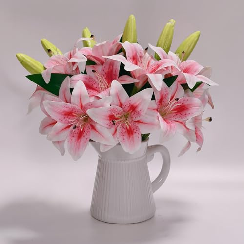 MUSHUI 21 Köpfe Künstliches Lilien-Set mit 14 Blüten + 7 Knospen, Kurzem Stiel, Gefälschte Blumen für Büro/Hochzeit/Wohnraumdekor/Feiern/Blumenarrangements/Strauß-Basteln/Grabdekoration, Verlauf