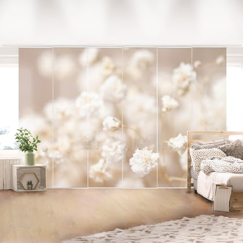 micasia Schiebegardine halbtransparent 60er Paneel Klett Blumen Textil lichtdurchlässig - Blumenwiese Landhaus Flächenvorhang beige Wohnzimmer Schlafzimmer 2280 (360x250 cm - 6er Set)