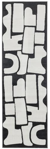 RugVista Contour Teppich, 80 x 250 cm, Off Weiß/Schwarz | Moderne, Rechteckig, Mittlerer Stapel, Maschinenwäsche, Oeko-Tex 100, Wohnzimmer, Schlafzimmer, Diele